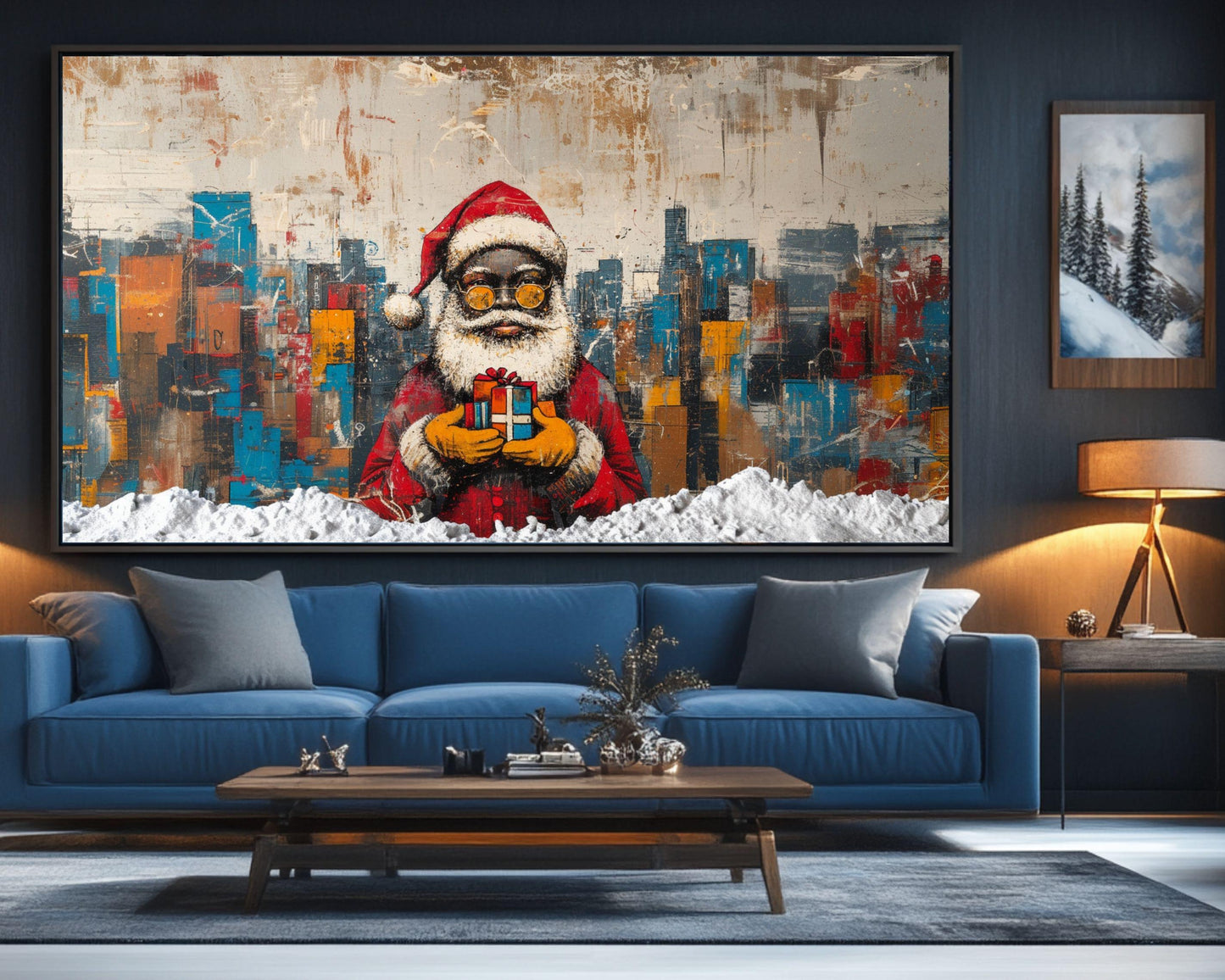 Abstract Black Santa with Gift in Cityscape | Basquiat-Inspired Christmas Art | African American Christmas Decor | Urban Wall Art