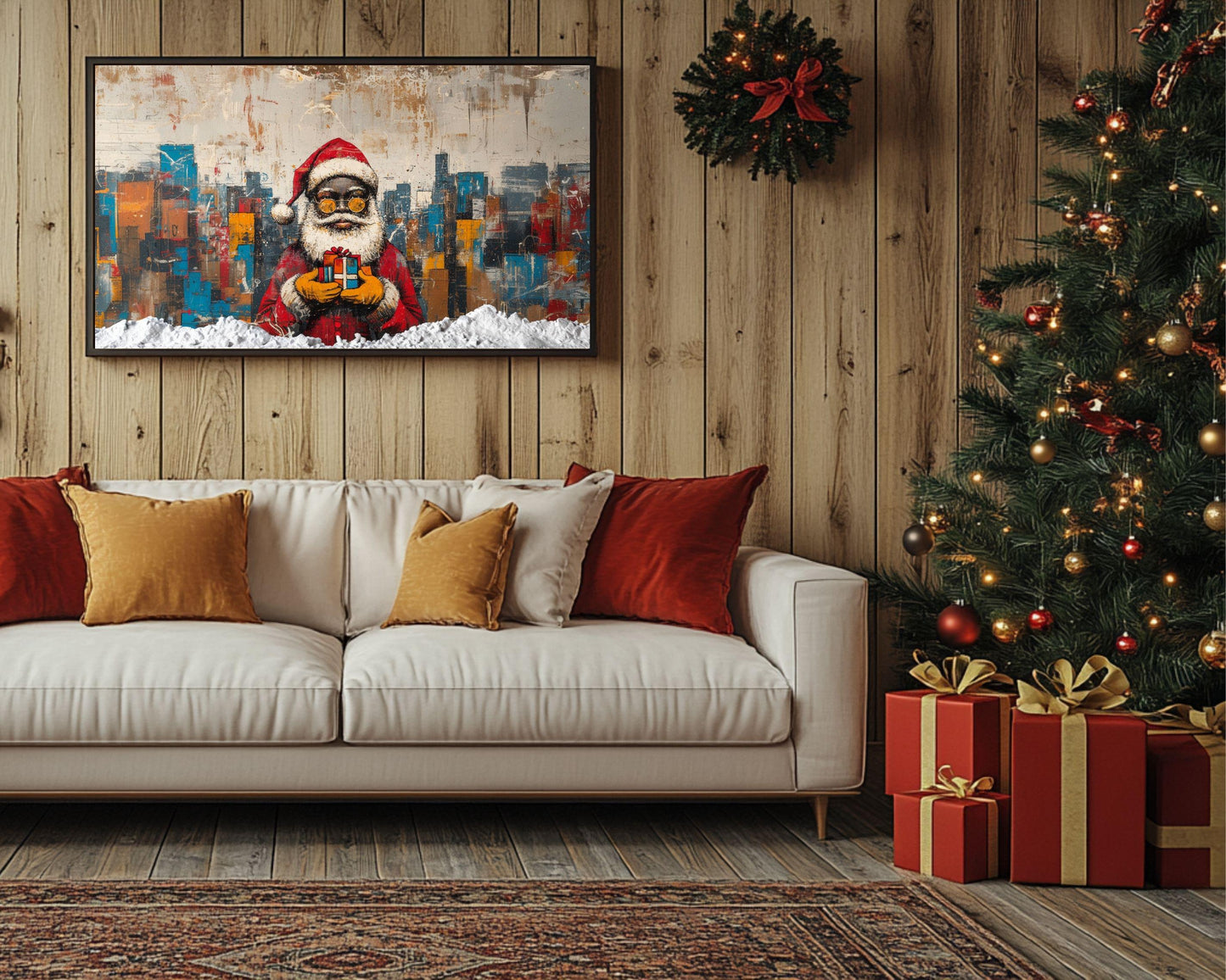 Abstract Black Santa with Gift in Cityscape | Basquiat-Inspired Christmas Art | African American Christmas Decor | Urban Wall Art