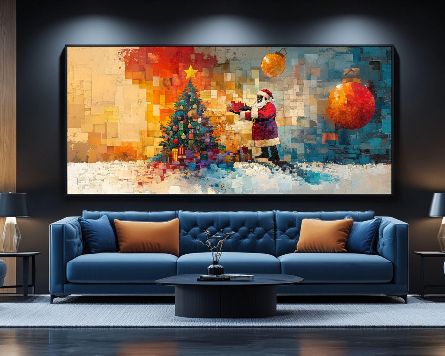 Black Santa with Christmas Tree Collage | Romare Bearden-Inspired Art | African American Holiday Wall Art | Colorful Christmas Scene