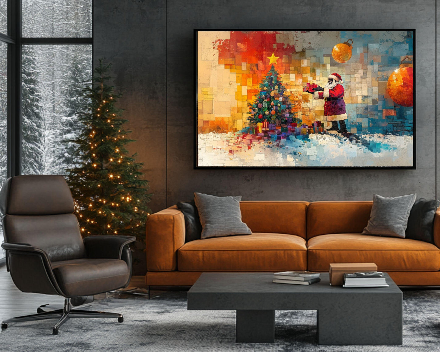 Black Santa with Christmas Tree Collage | Romare Bearden-Inspired Art | African American Holiday Wall Art | Colorful Christmas Scene