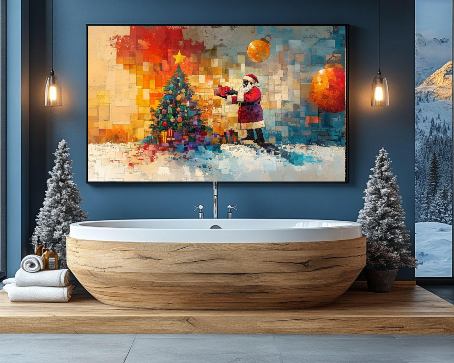 Black Santa with Christmas Tree Collage | Romare Bearden-Inspired Art | African American Holiday Wall Art | Colorful Christmas Scene