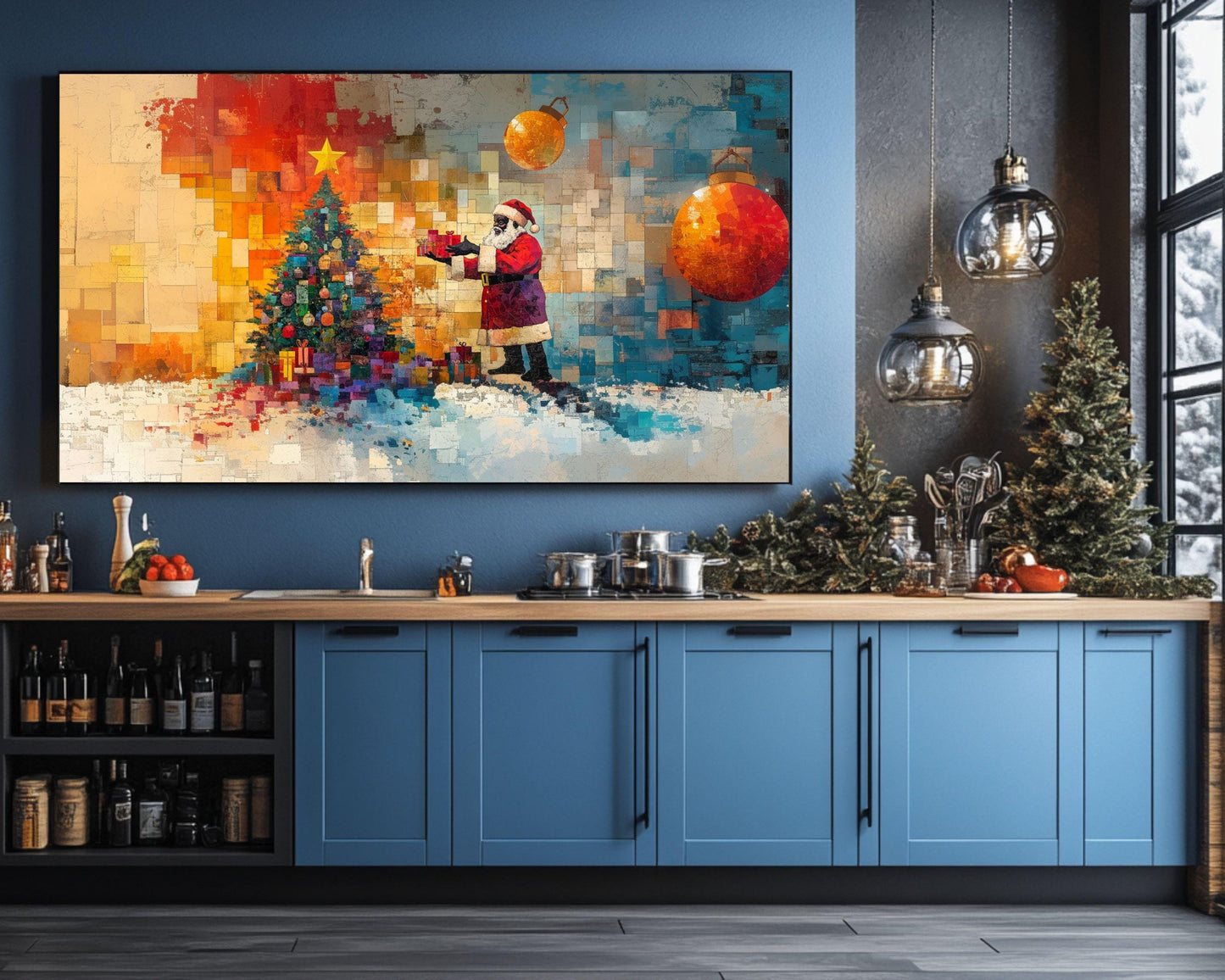 Black Santa with Christmas Tree Collage | Romare Bearden-Inspired Art | African American Holiday Wall Art | Colorful Christmas Scene