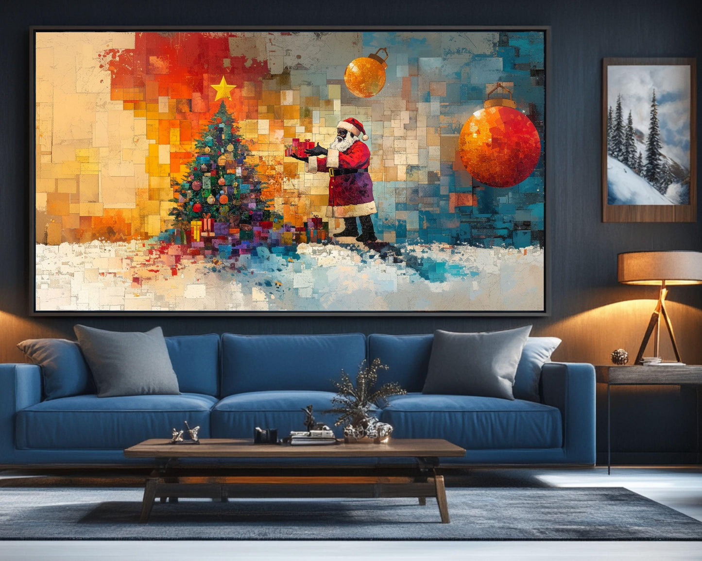 Black Santa with Christmas Tree Collage | Romare Bearden-Inspired Art | African American Holiday Wall Art | Colorful Christmas Scene