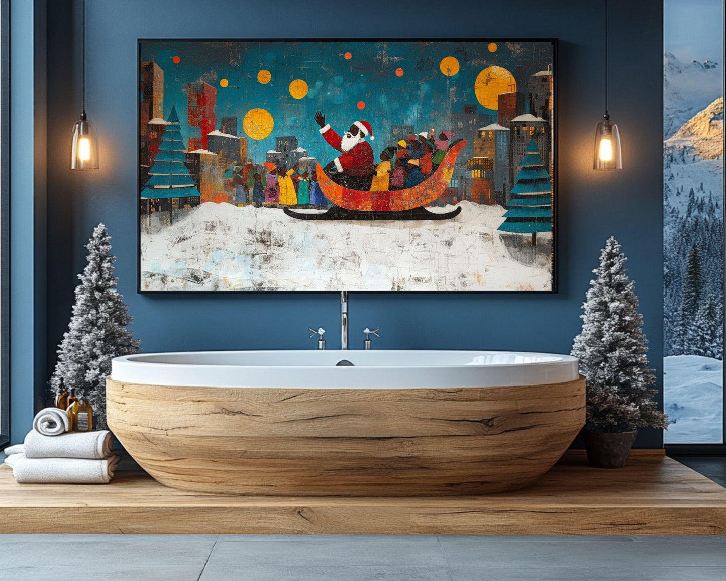 Black Santa in Sleigh | Jacob Lawrence-Inspired Christmas Art | African American Holiday Wall Art | Urban Christmas | Colorful Holiday Art