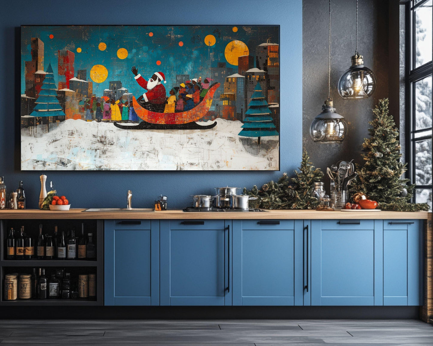 Black Santa in Sleigh | Jacob Lawrence-Inspired Christmas Art | African American Holiday Wall Art | Urban Christmas | Colorful Holiday Art