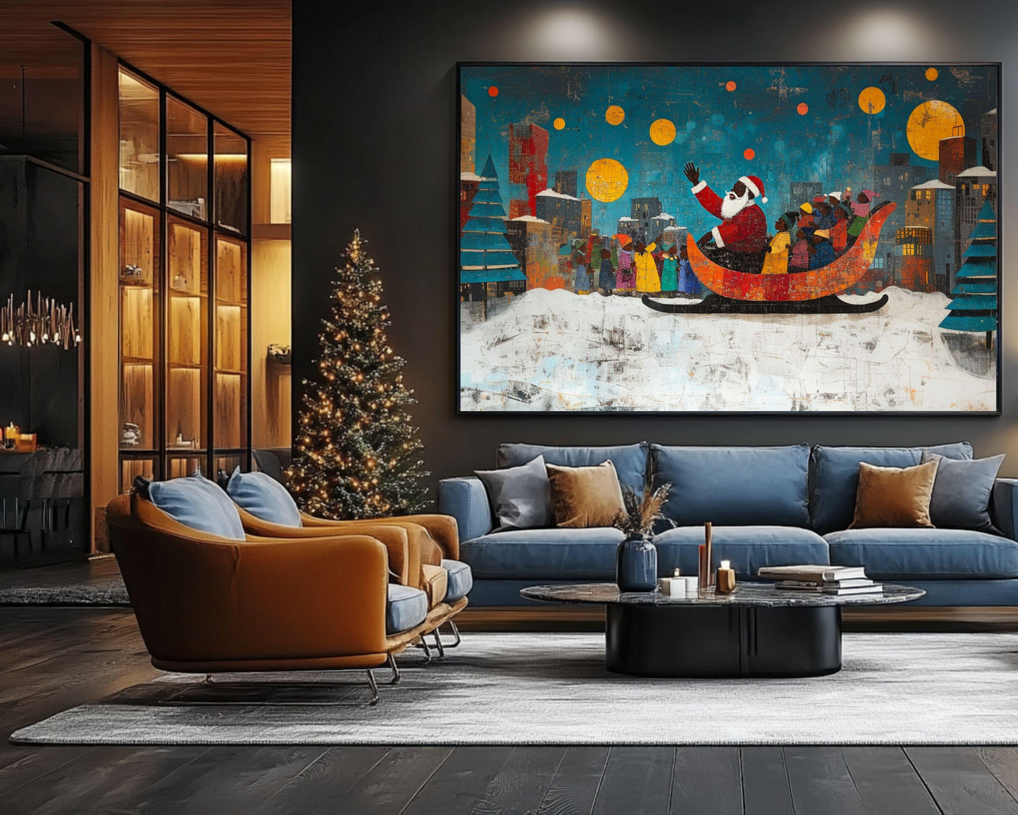 Black Santa in Sleigh | Jacob Lawrence-Inspired Christmas Art | African American Holiday Wall Art | Urban Christmas | Colorful Holiday Art