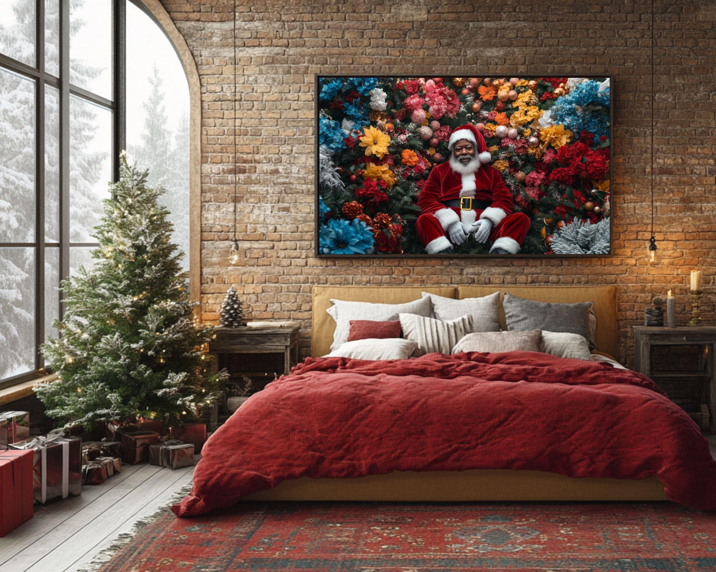 Black Santa in Floral Wonderland | Mickalene Thomas-Inspired Christmas Art | African American Holiday Wall Art | Black Artist Decor