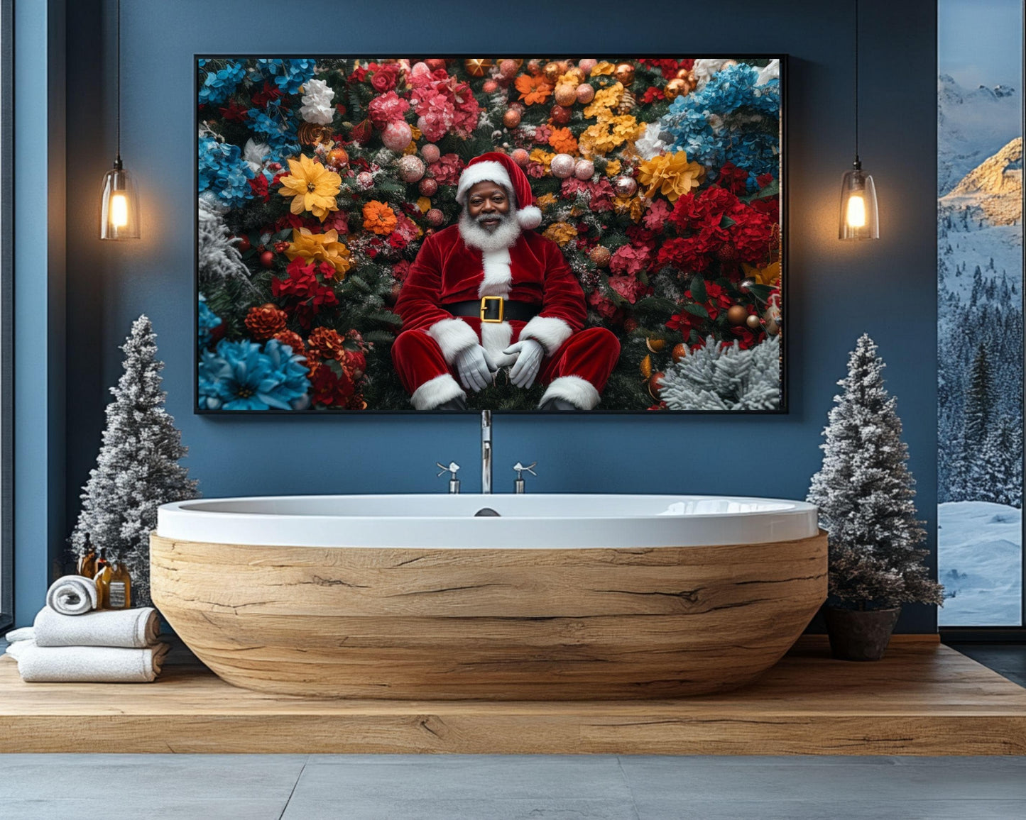 Black Santa in Floral Wonderland | Mickalene Thomas-Inspired Christmas Art | African American Holiday Wall Art | Black Artist Decor