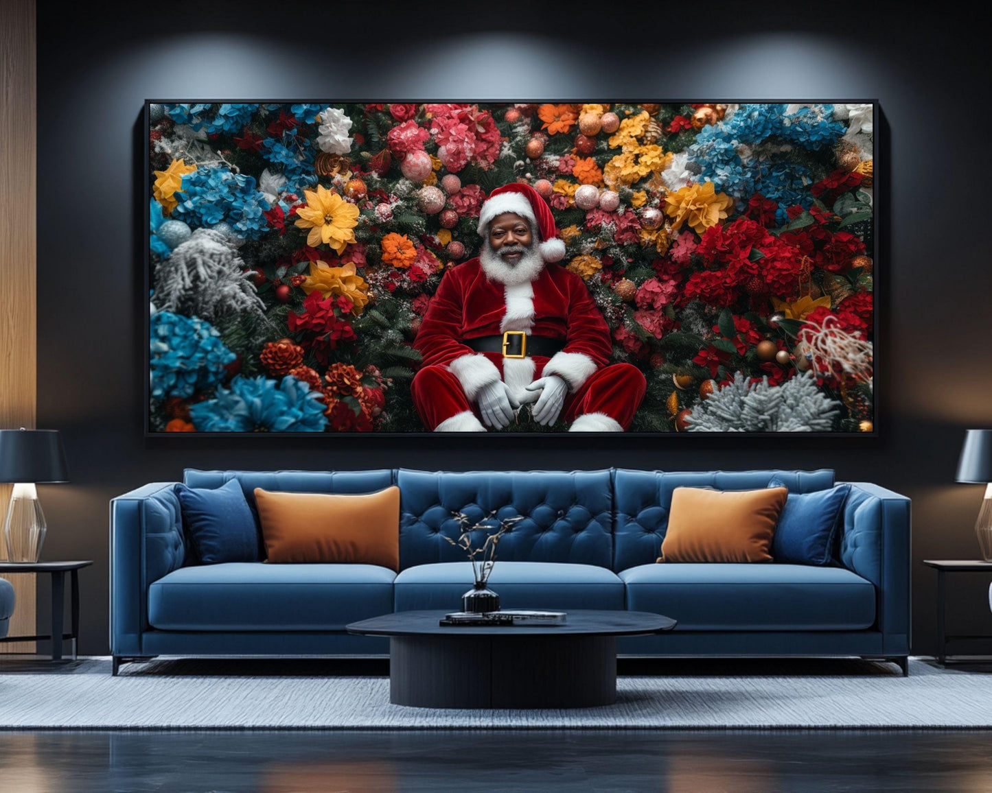 Black Santa in Floral Wonderland | Mickalene Thomas-Inspired Christmas Art | African American Holiday Wall Art | Black Artist Decor