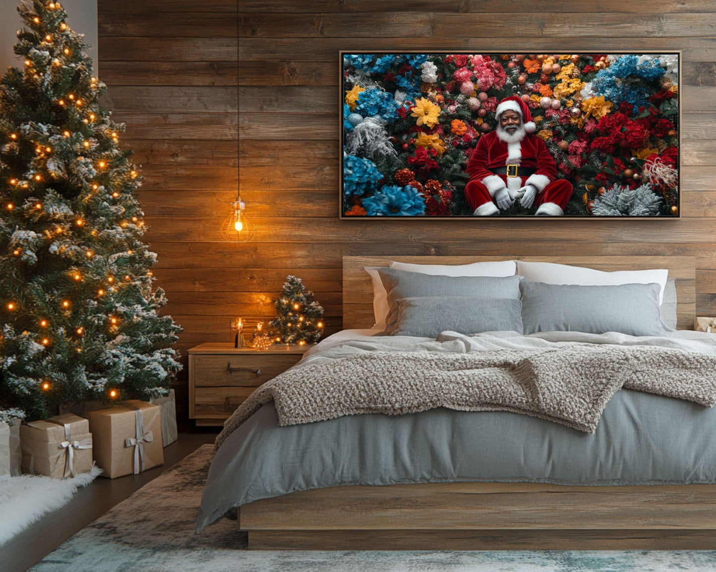 Black Santa in Floral Wonderland | Mickalene Thomas-Inspired Christmas Art | African American Holiday Wall Art | Black Artist Decor