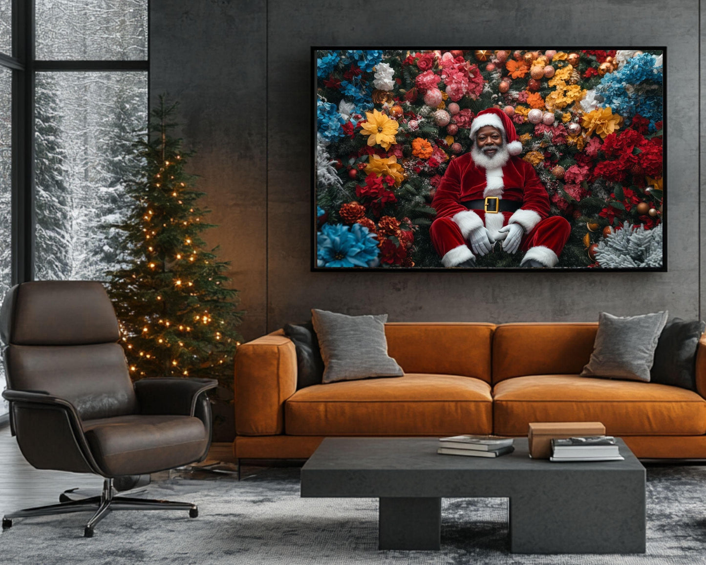 Black Santa in Floral Wonderland | Mickalene Thomas-Inspired Christmas Art | African American Holiday Wall Art | Black Artist Decor