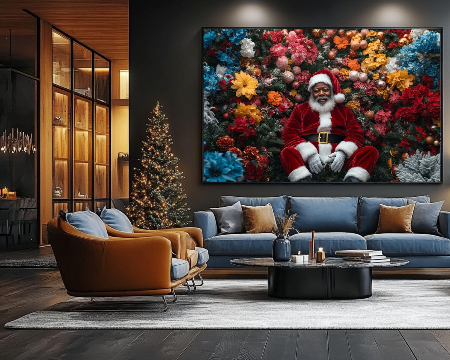 Black Santa in Floral Wonderland | Mickalene Thomas-Inspired Christmas Art | African American Holiday Wall Art | Black Artist Decor