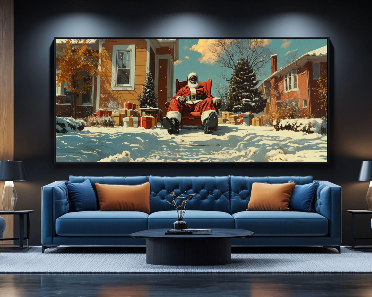 Black Santa Relaxing in Snowy Front Yard | Kerry James Marshall-Inspired Christmas Art | African American Holiday Wall Art | Winter Scene