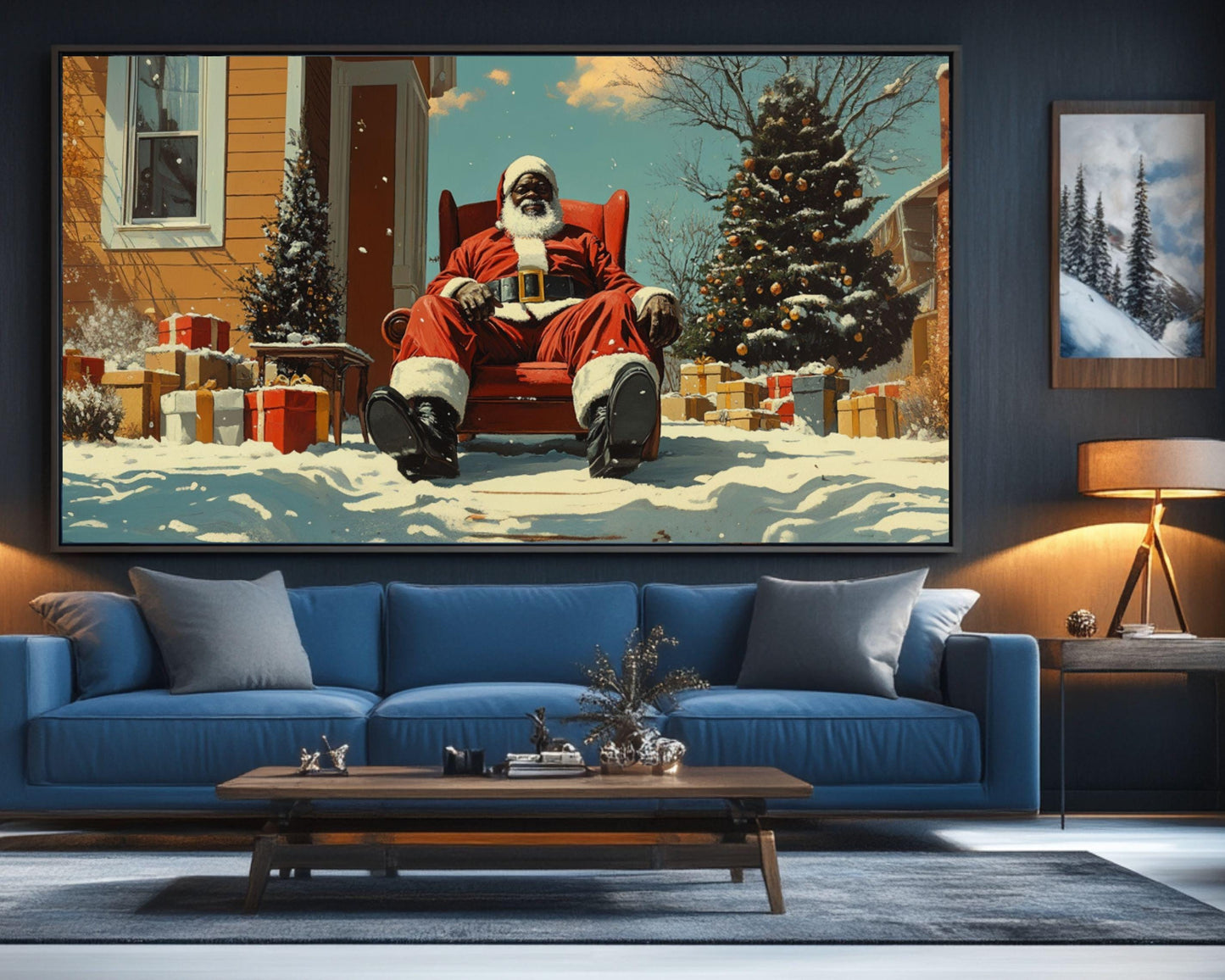 Black Santa Relaxing in Snowy Front Yard | Kerry James Marshall-Inspired Christmas Art | African American Holiday Wall Art | Winter Scene