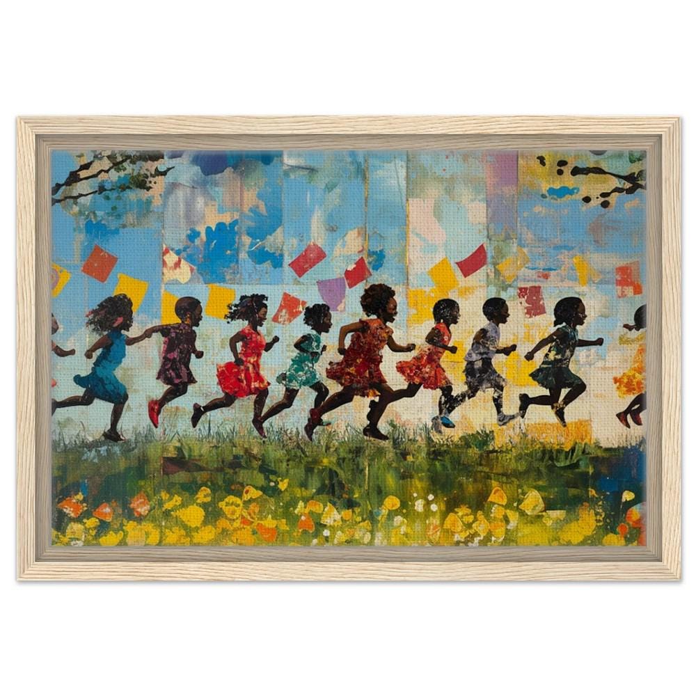 Framed Black Children Playing Art | Colorful Canvas of African American Kids | Joyful Black Childhood Wall Decor | Vibrant Home Art