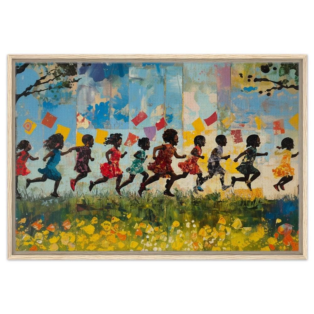 Framed Black Children Playing Art | Colorful Canvas of African American Kids | Joyful Black Childhood Wall Decor | Vibrant Home Art