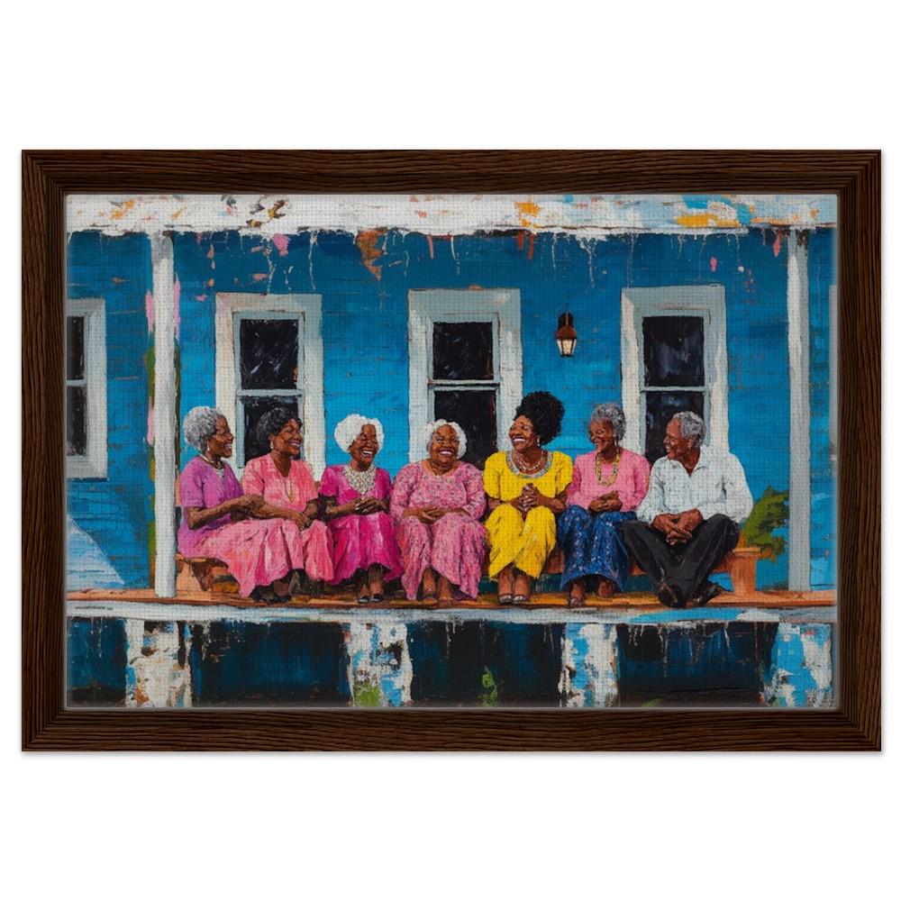 Framed African American Family Art | Multigenerational Porch Gathering Canvas | Black Community Wall Decor | Vibrant Home Art