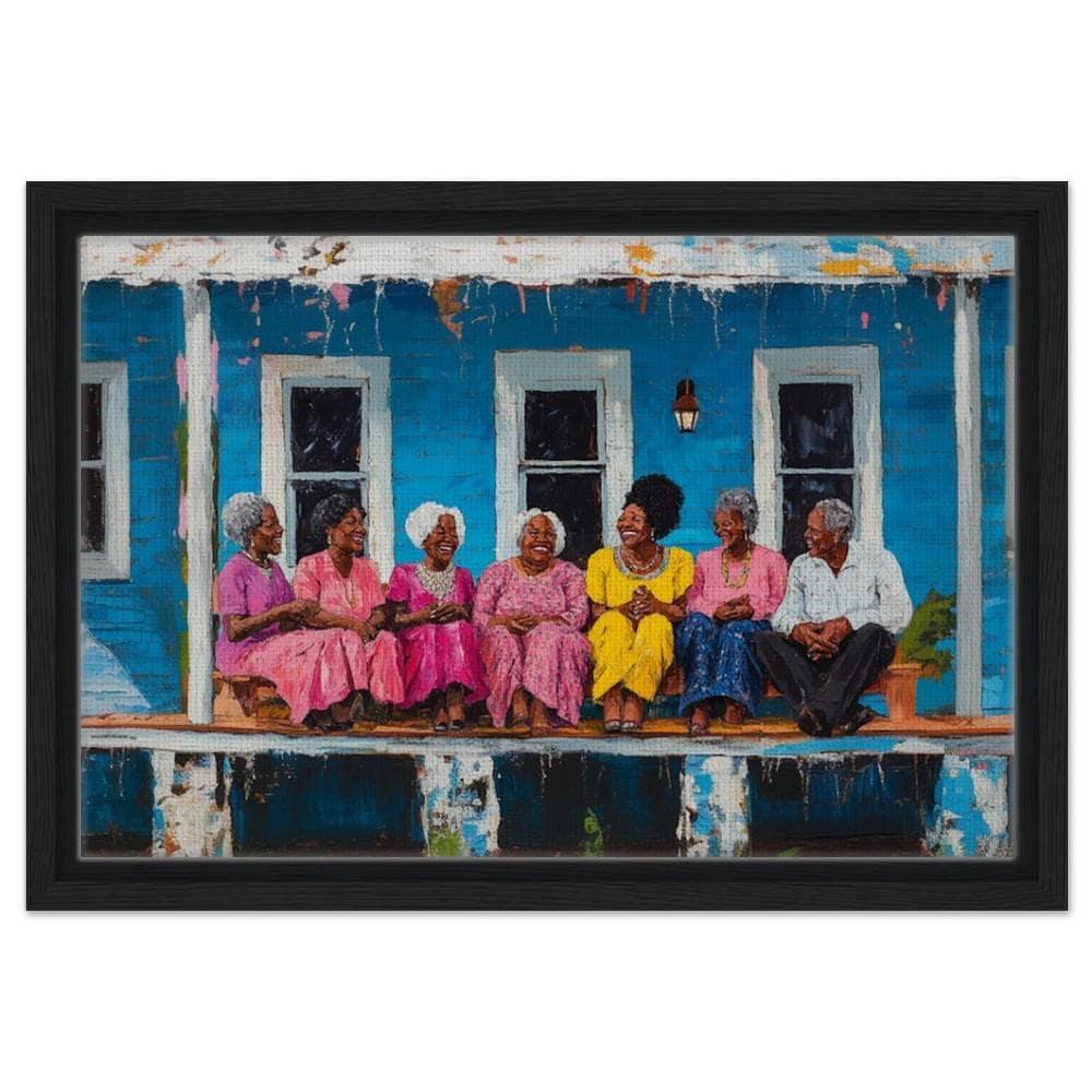 Framed African American Family Art | Multigenerational Porch Gathering Canvas | Black Community Wall Decor | Vibrant Home Art