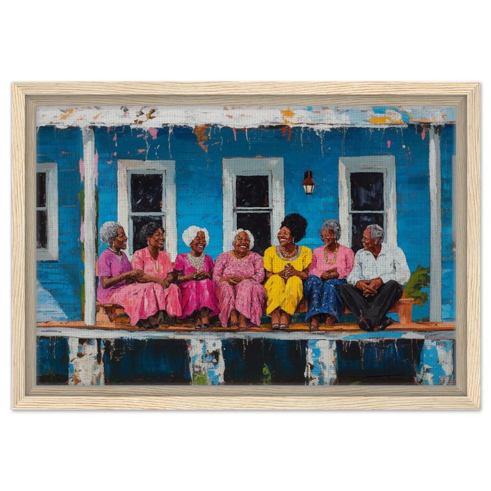 Framed African American Family Art | Multigenerational Porch Gathering Canvas | Black Community Wall Decor | Vibrant Home Art