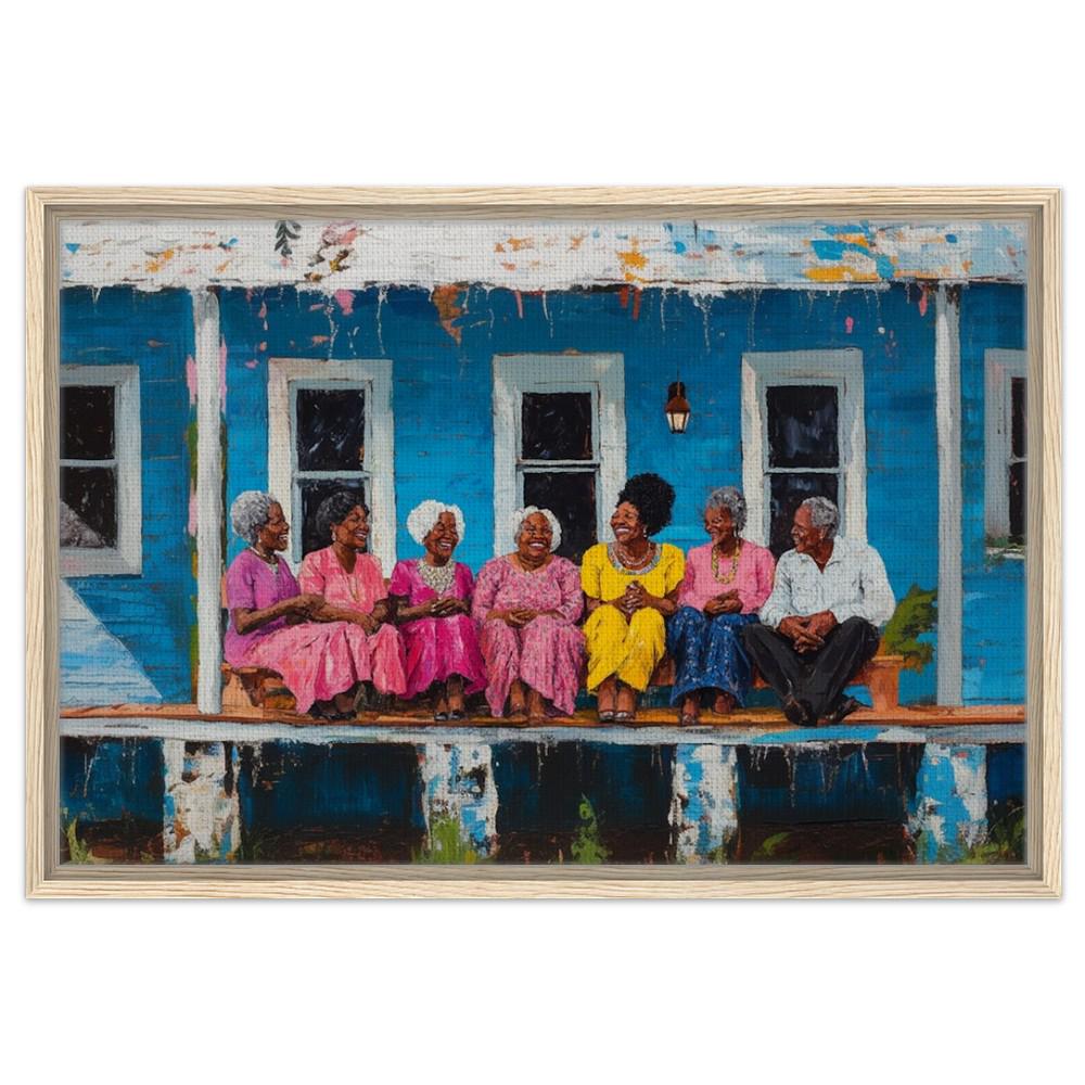 Framed African American Family Art | Multigenerational Porch Gathering Canvas | Black Community Wall Decor | Vibrant Home Art