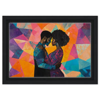 Black canvas art of a couple embracing in colorful artistic design