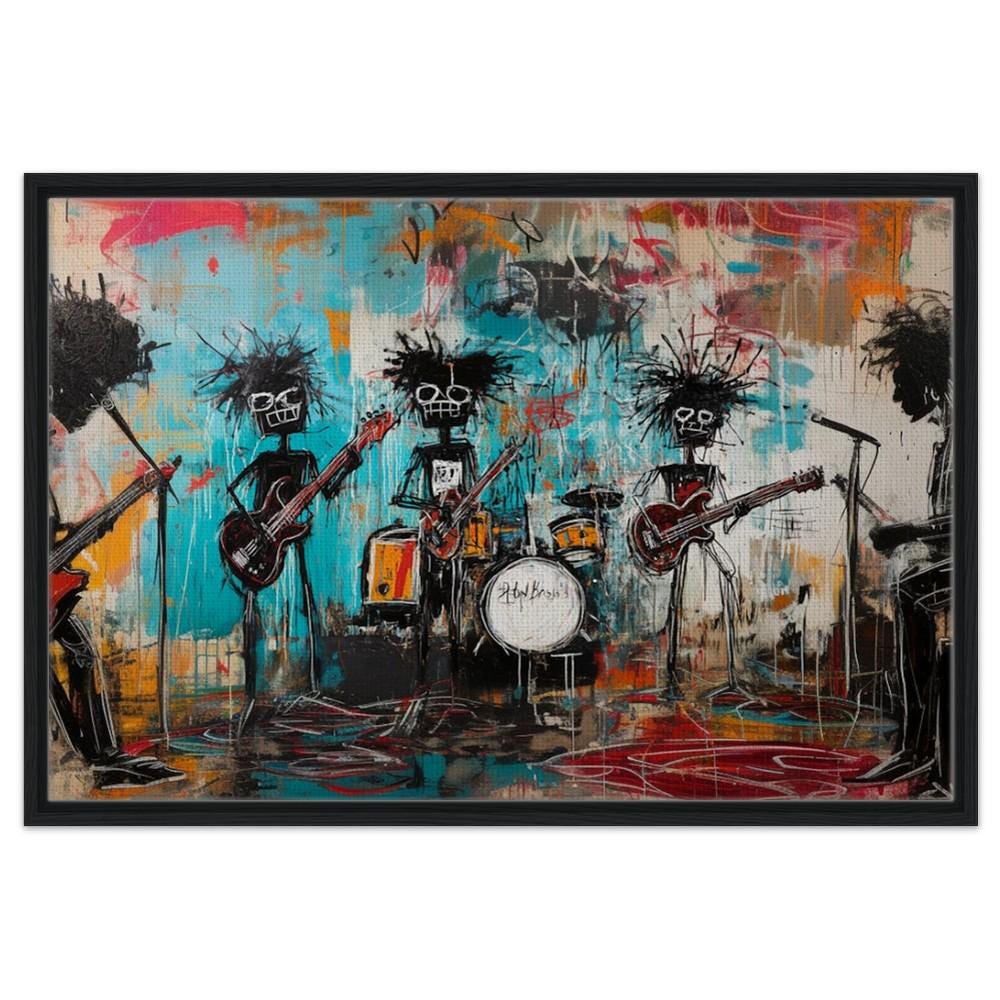 Framed Black Musicians Art | Basquiat-Inspired Graffiti Band Canvas | African American Music Wall Decor | Bold Urban Jam Session Art