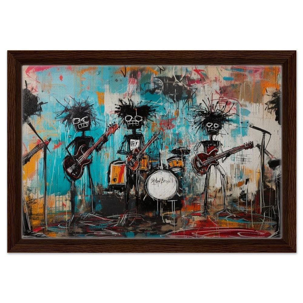 Framed Black Musicians Art | Basquiat-Inspired Graffiti Band Canvas | African American Music Wall Decor | Bold Urban Jam Session Art