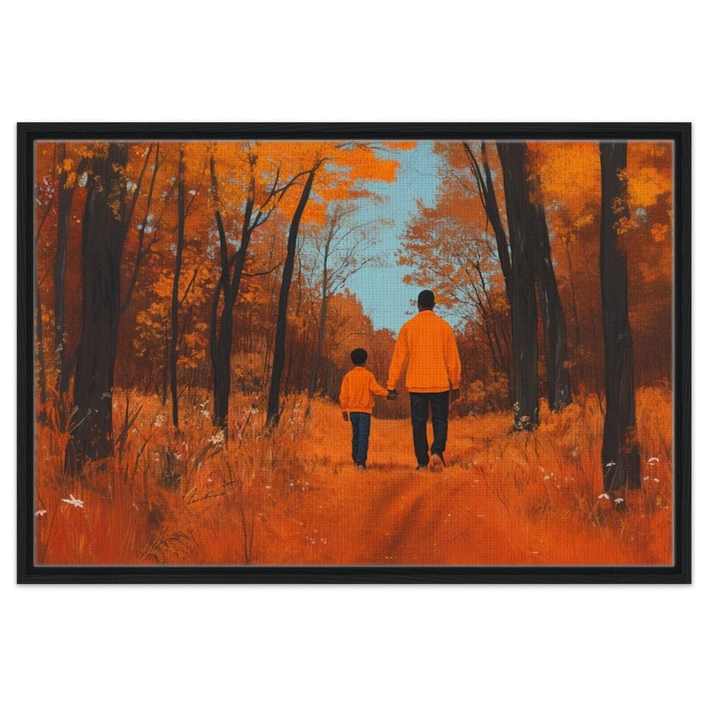 Framed Black Father and Son Art | African American Family in Nature | Autumn Walk Canvas | Heartwarming Wall Decor for Home