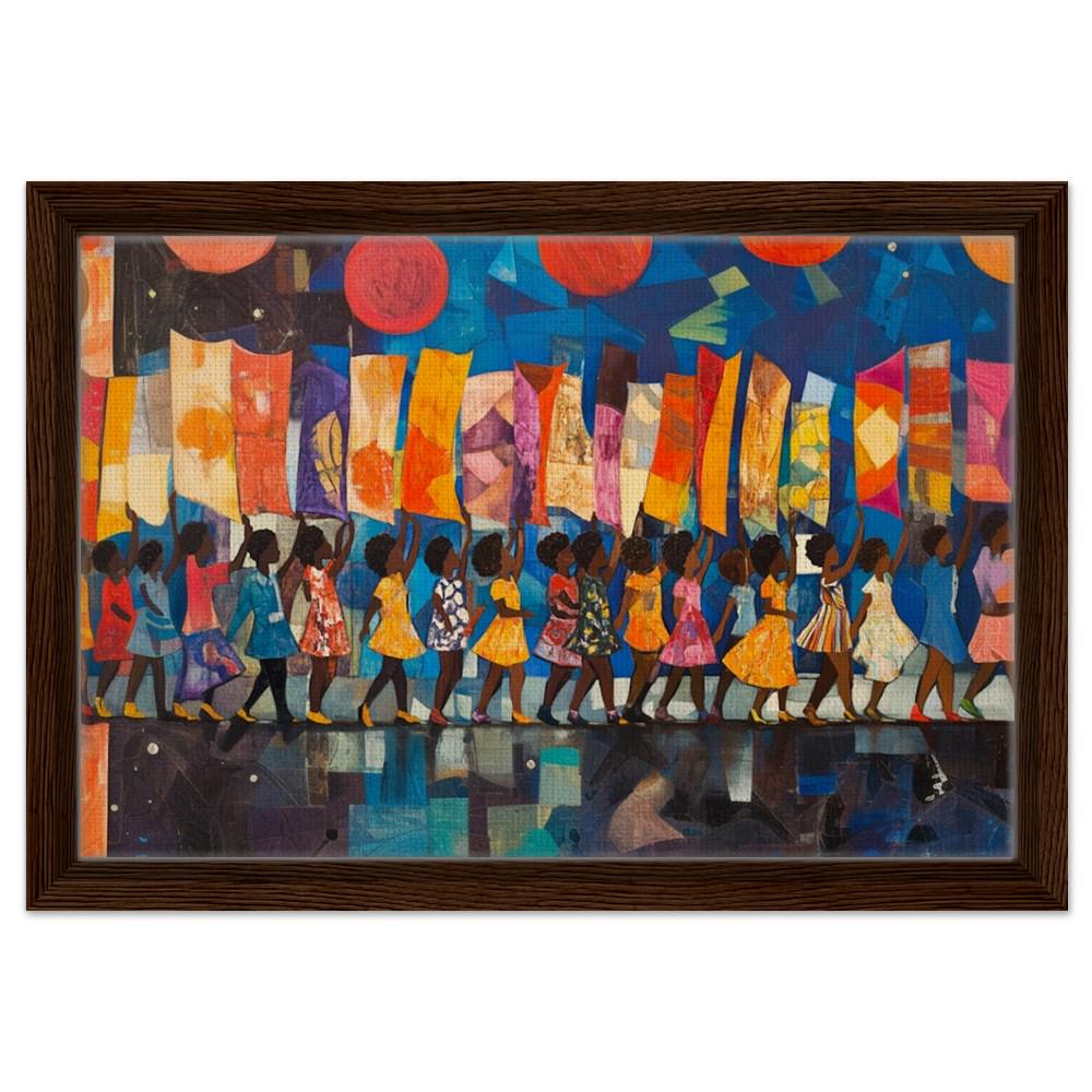 Framed Black Children Marching Art | African American Unity Canvas | Vibrant Colorful Wall Decor | Modern Home Art