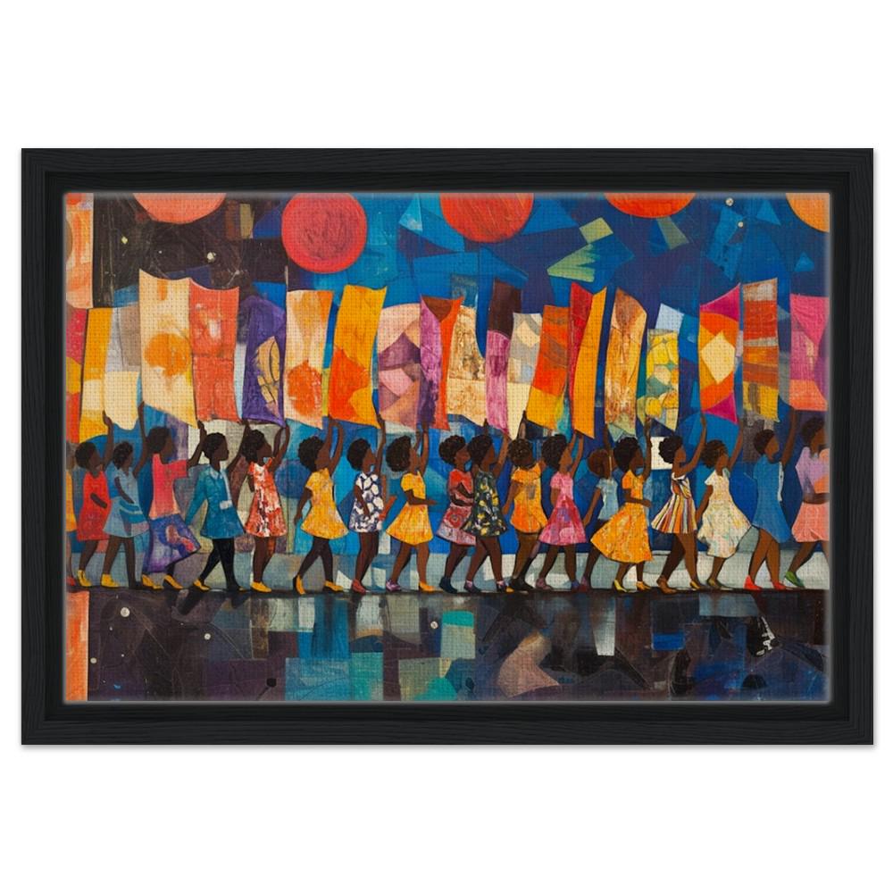 Framed Black Children Marching Art | African American Unity Canvas | Vibrant Colorful Wall Decor | Modern Home Art