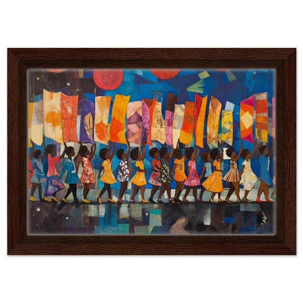 Framed Black Children Marching Art | African American Unity Canvas | Vibrant Colorful Wall Decor | Modern Home Art