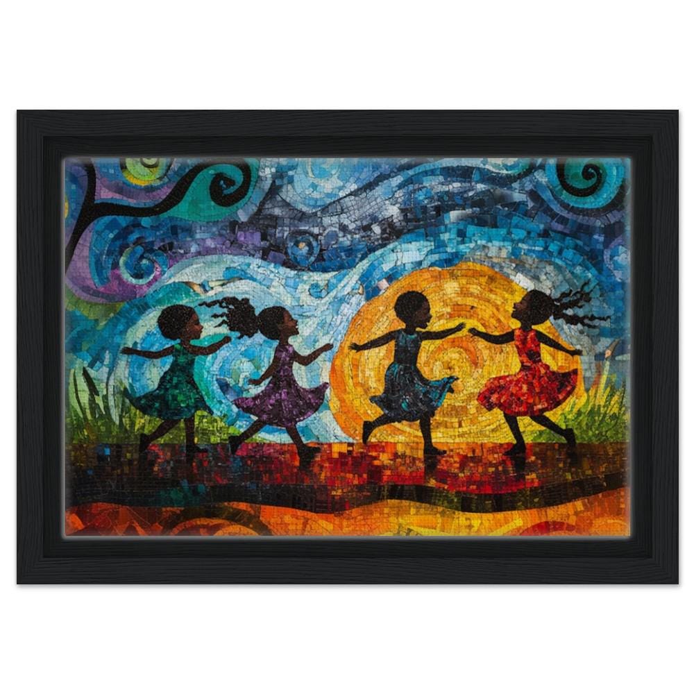 Framed Black Children Dancing Art | African American Childhood Joy Canvas | Colorful Whimsical Wall Decor | Modern Home Art