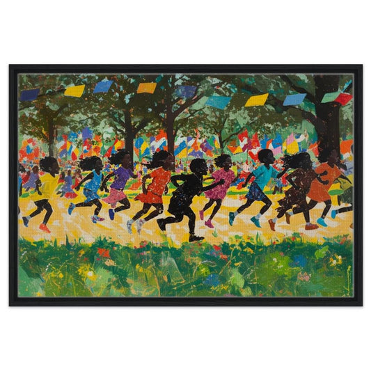 Vibrant Black Children Running Art | Colorful African American Kids Canvas | Playful Park Scene Wall Art | Joyful Home Decor