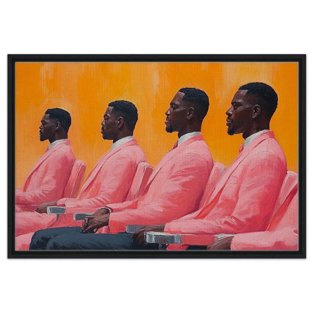 Black men in stylish pink suits showcased as contemporary African American wall art, adding elegance to any space.