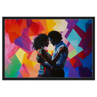 Black couple dancing in abstract style, showcasing love in vibrant colors; a beautiful piece of African American wall art.