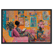 Black woman reading in a vibrant room, vibrant colors highlighting this beautiful african american wall art.