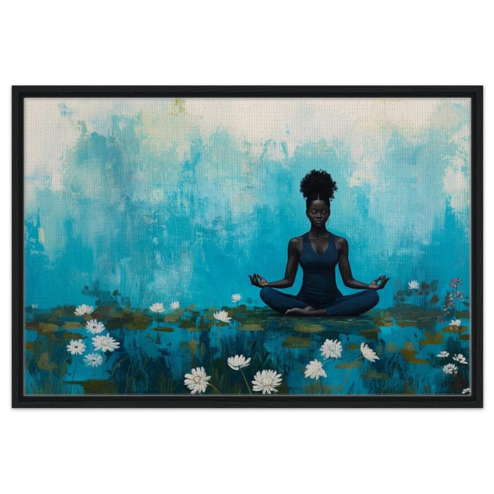 Black woman meditating among vibrant water lilies, showcasing beautiful african american wall art for tranquil spaces.