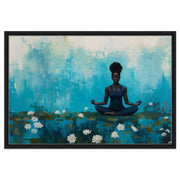Black woman meditating among vibrant water lilies, showcasing beautiful african american wall art for tranquil spaces.