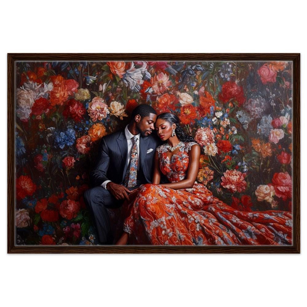 Elegant Black Couple in Floral Setting African American Love Art