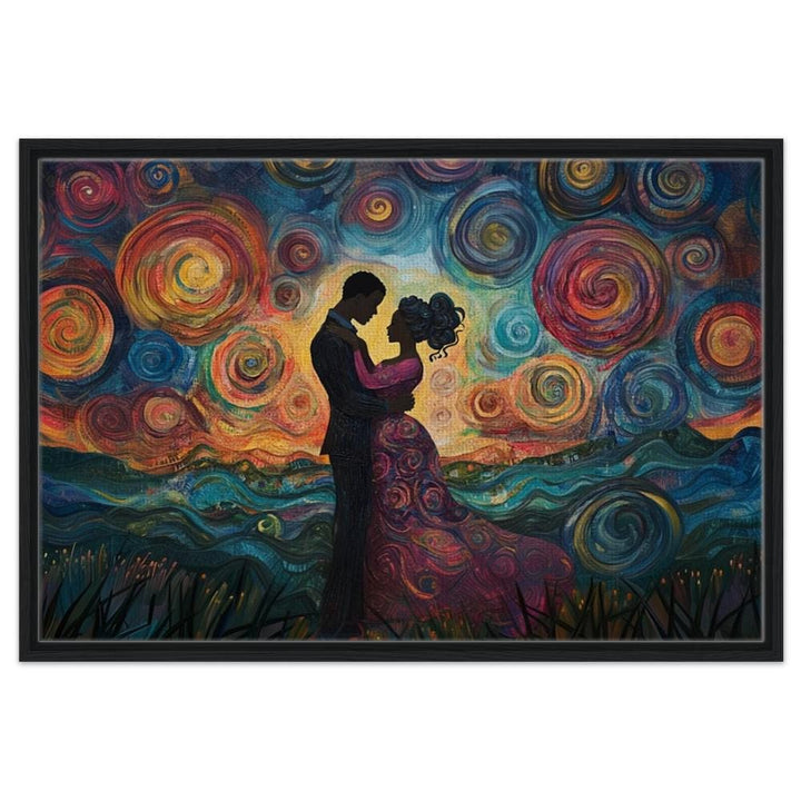 Black couple embracing under a starry night sky, showcasing love in this vibrant african american wall art.