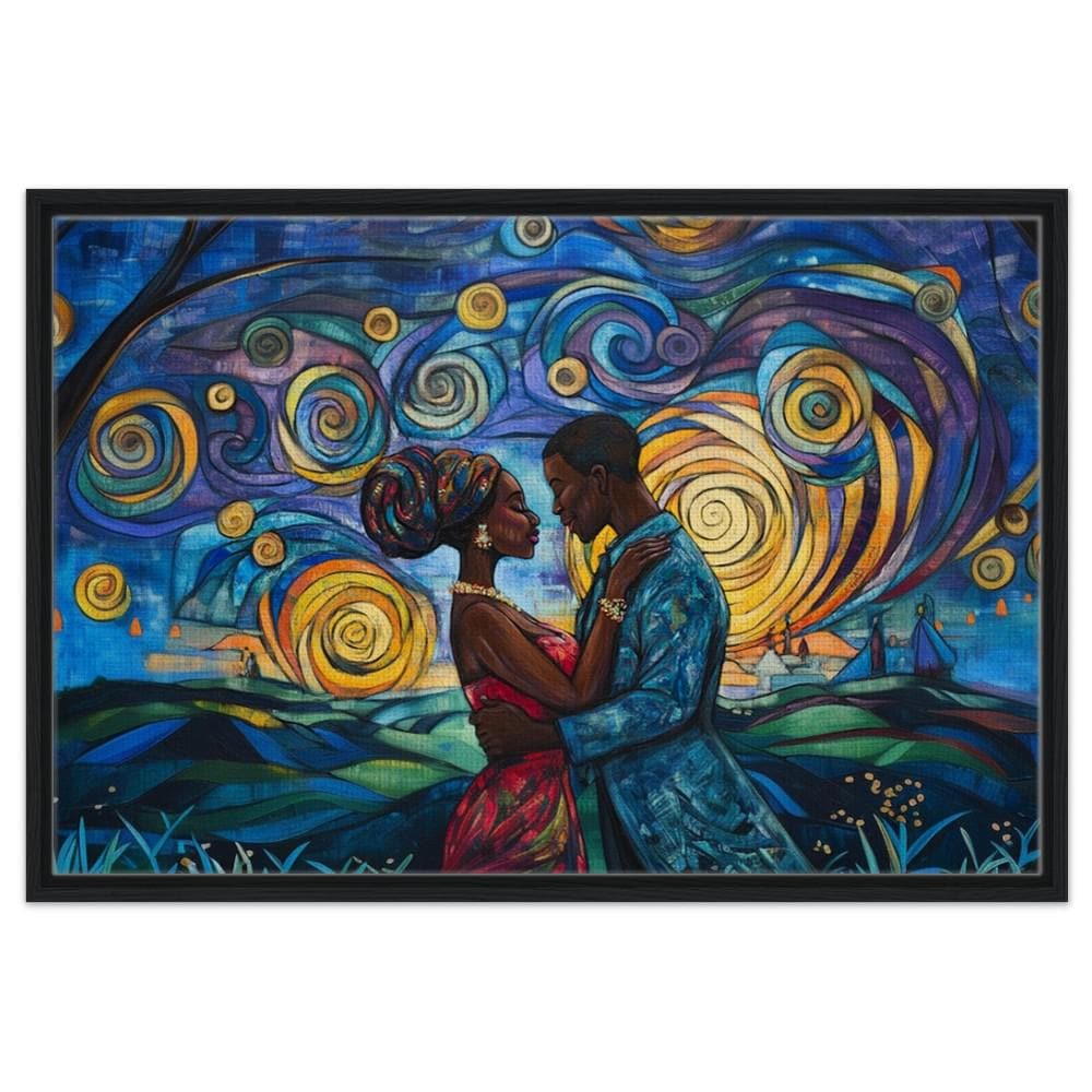 Black couple under a colorful sky, showcasing love in beautiful african american wall art on canvas.