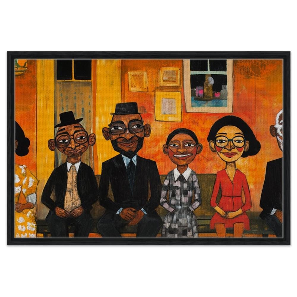 Whimsical Black family portrait canvas art showcasing love, unity, and joy in vibrant colors, perfect as African American wall art.