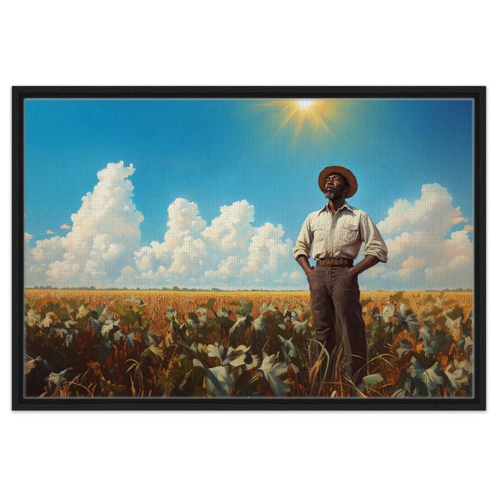 Black farmer in a golden field showcased as vibrant African American wall art, celebrating rural life and culture.
