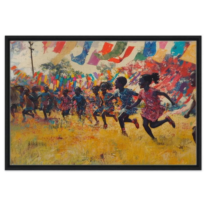 Joyful African American wall art featuring black children playing under colorful fabric, celebrating community and happiness.