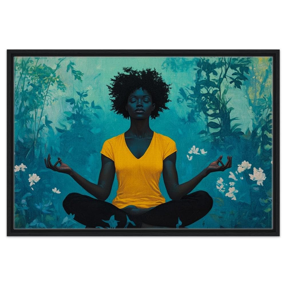 Elegant black woman meditating, vibrant colors, perfect as African American wall art for serene home decor.