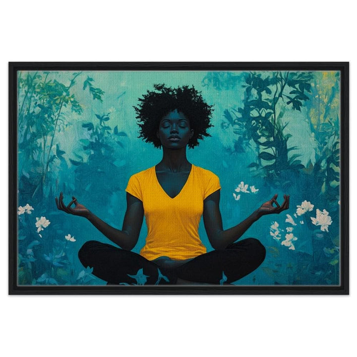 Elegant black woman meditating, vibrant colors, perfect as African American wall art for serene home decor.