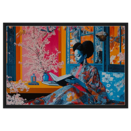 Framed Black Woman Reading Art | African American Elegance Canvas | Vibrant Cherry Blossom Decor | Cultural Home Art