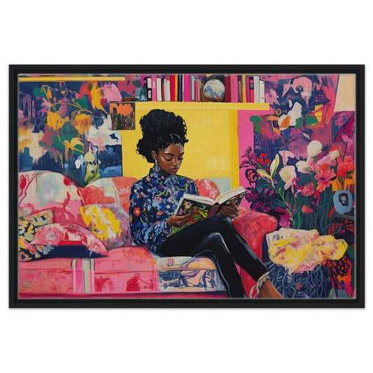 Framed Black Woman Reading Art | African American Home Decor | Vibrant Cultural Canvas | Stylish Living Room Art