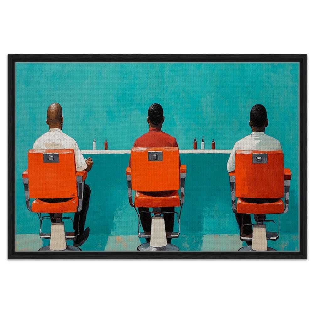 Framed African American Barbershop Art | Black Men in Conversation | Bold Orange Barber Chairs Canvas | Cultural Wall Decor