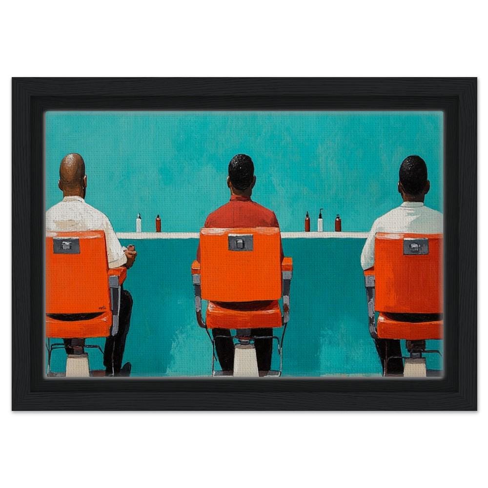 Framed African American Barbershop Art | Black Men in Conversation | Bold Orange Barber Chairs Canvas | Cultural Wall Decor